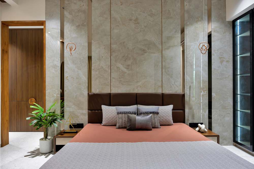 Shubham Sky sample flat master bedroom with marble wall